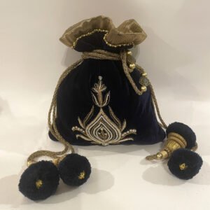 Deep Navy Blue Velvet Potli with Exquisite Hand Embroidery & Attractive Embellishments