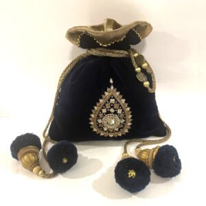 Deep Navy Blue Velvet Potli with Exquisite Hand Embroidery & Attractive Embellishments