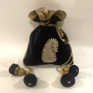 Deep Navy Blue Velvet Potli with Exquisite Hand Embroidery & Attractive Embellishments