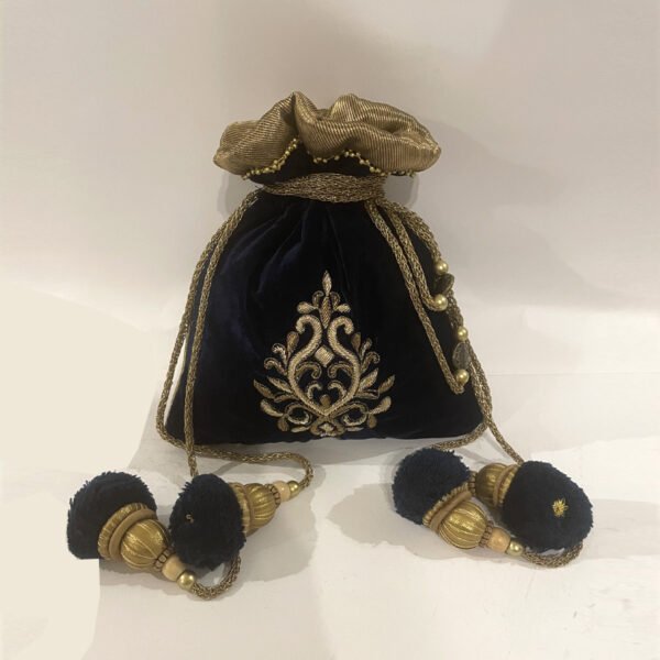 Deep Navy Blue Velvet Potli with Exquisite Hand Embroidery & Attractive Embellishments