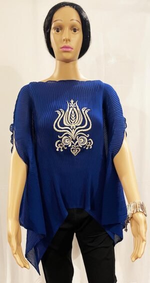 Electric Blue Crinkle Top with a flowing drop at the sides