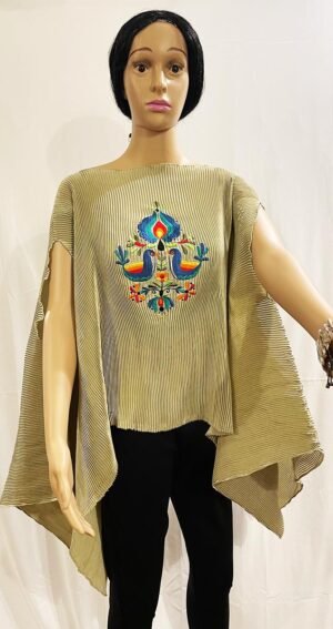 Gold-Cream Crinkle Top with a flowing drop at the sides
