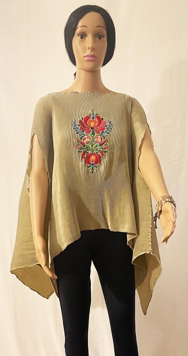 Gold-Cream Crinkle Top with a flowing drop at the sides
