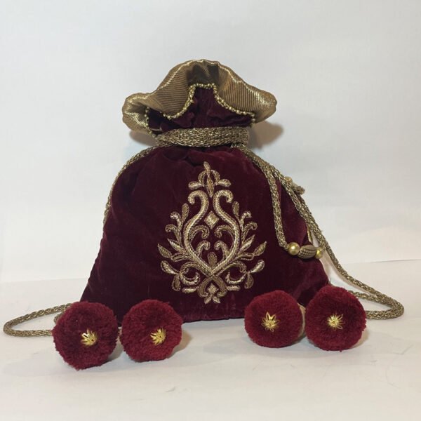 Rich Maroon Velvet Potli with Exquisite Hand Embroidery & Attractive Embellishments
