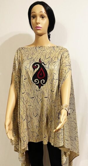 Long Golden-Beige Printed Crinkle Top with an uneven fall at the sides