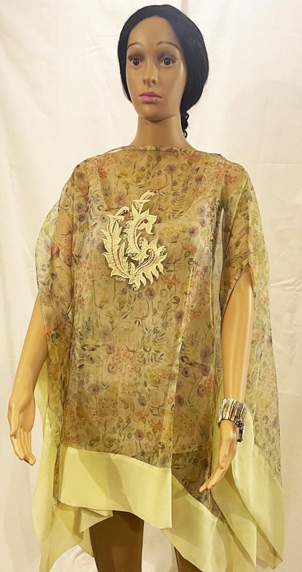 Long Lemon Printed Organza Top with an uneven fall at the sides