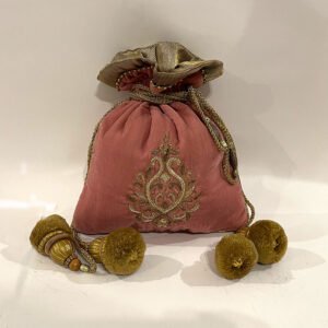 Elegant Soft Pink Velvet Potli with Exquisite Hand Embroidery & Attractive Embellishments