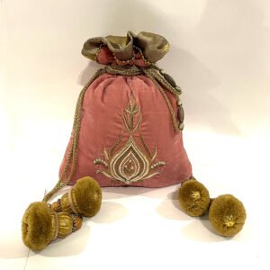 Elegant Soft Pink Velvet Potli with Exquisite Hand Embroidery & Attractive Embellishments