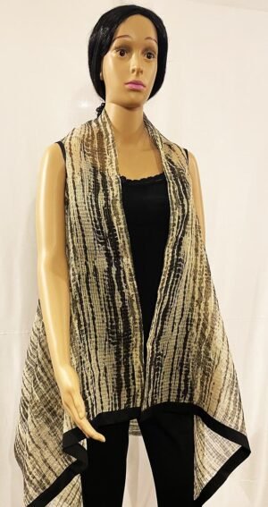Cream-Black Sleeveless Printed Kota Shrug with a hint of Gold