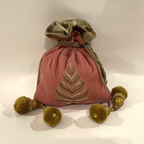 Elegant Soft Pink Velvet Potli with Exquisite Hand Embroidery & Attractive Embellishments