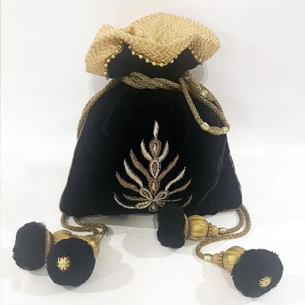 Rich Black Velvet Potli with Exquisite Hand Embroidery & Attractive Embellishments