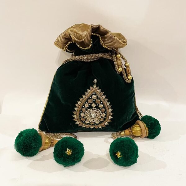 Rich Green Velvet Potli with Exquisite Hand Embroidery & Attractive Embellishments